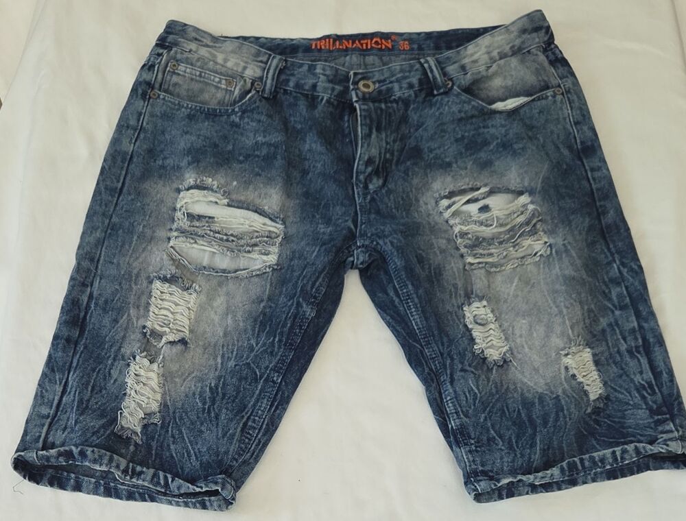 Trillnation Men's Distressed Denim Shorts Blue Cotton Polyester 5-Pocket Zip